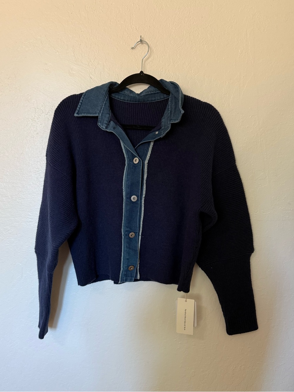 Commense Navy Knit Button-Front Sweater with Denim Trim size large